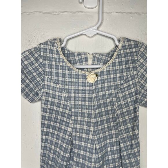 Vintage Lil Byer Plaid Romper Tie Back Size 3T Made in USA Blue White - Picture 2 of 8
